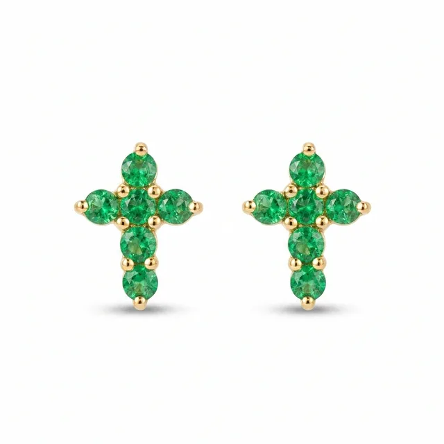 Topo cruz en oro 18K con circones verdes, el par visto de frente