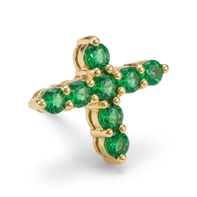 Topo cruz en oro 18K con circones verdes, detalle en ángulo